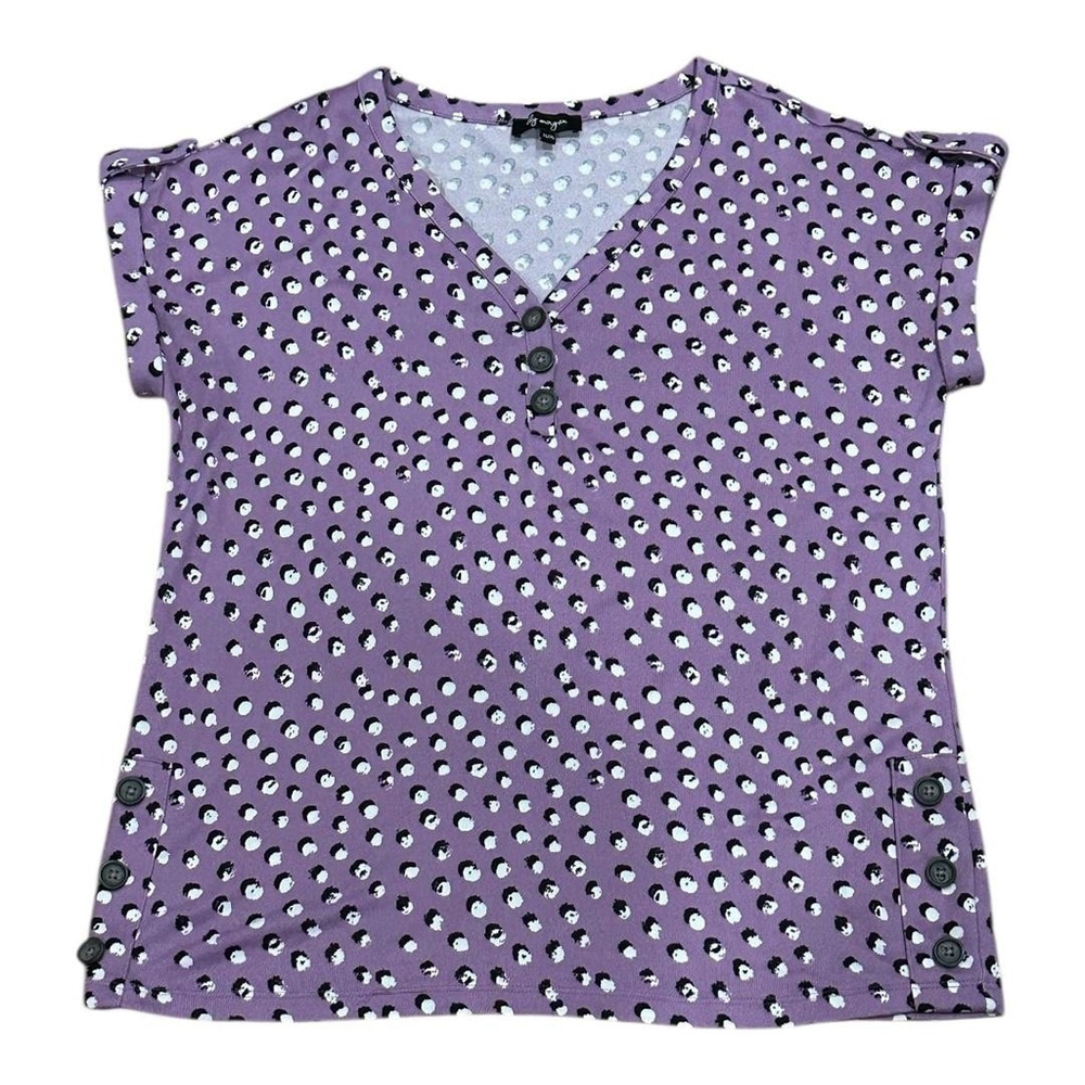 Lily Morgan Shirt Womens XL Purple Polka Dot V Neck Button Roll Tab Short Sleeve